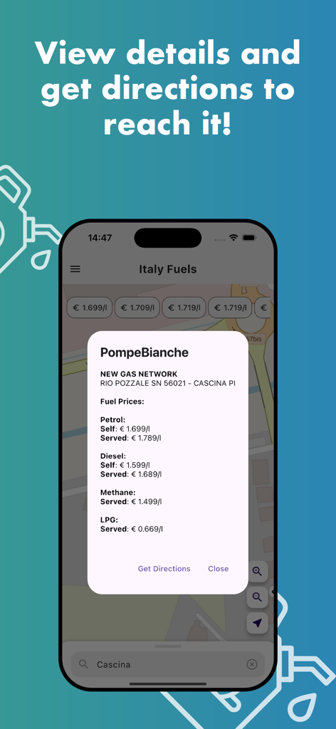 Italy Fuels - Italy Fuels app displaying detailed gas station prices for petrol, diesel, and methane with a link for directions.
