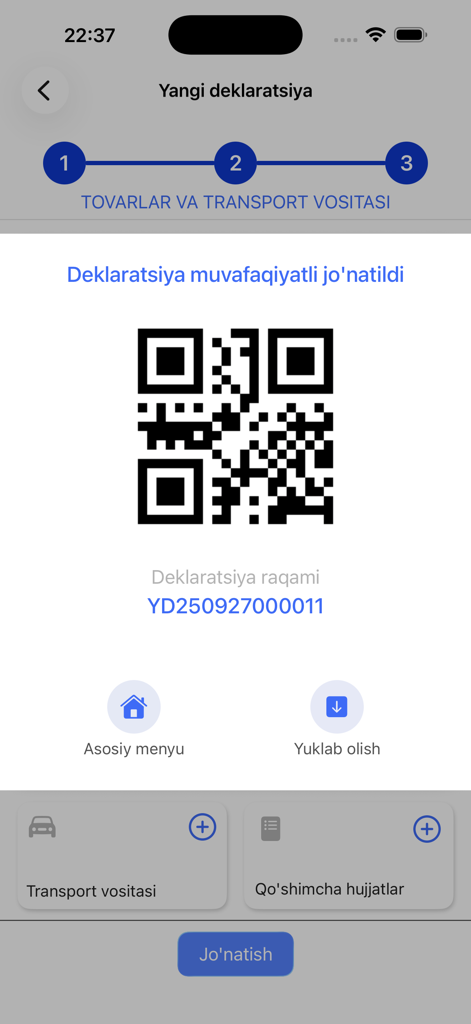 Yo'lovchi deklaratsiyasi - Confirmation screen of the Passenger Customs Declaration app showing a generated QR code and declaration number.