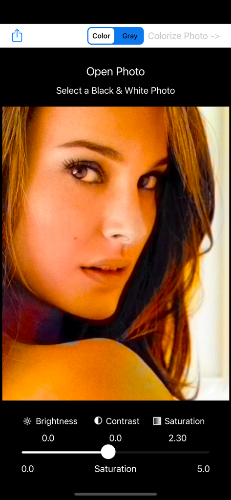 Colorización de retrato y ajuste de saturación en la aplicación Photo Colorizer.