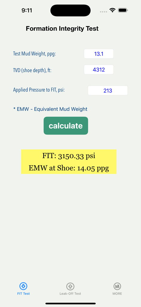 OilField FIT & Leak-Off Test - OilField app interface for calculating Formation Integrity Test and Equivalent Mud Weight.