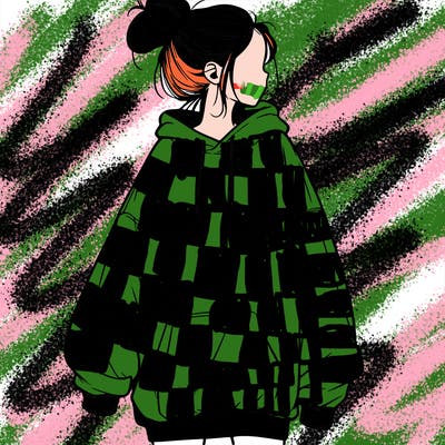 realistic girl with a oversized sweatshirt on and a bun