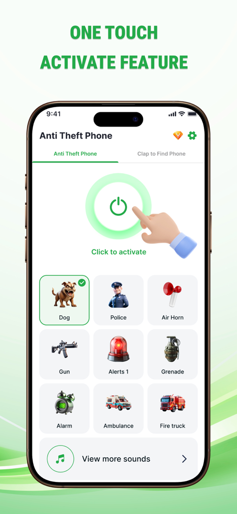 Interfaz de una aplicación móvil que muestra un botón de un solo toque para activar alertas antirrobo para el teléfono con varias opciones de sonido.