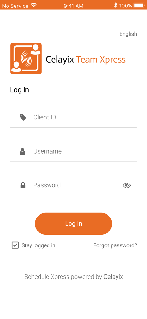 Celayix Team Xpress - Tela de login do aplicativo de gerenciamento de força de trabalho Celayix Team Xpress mostrando campos para ID do cliente, nome de usuário e senha