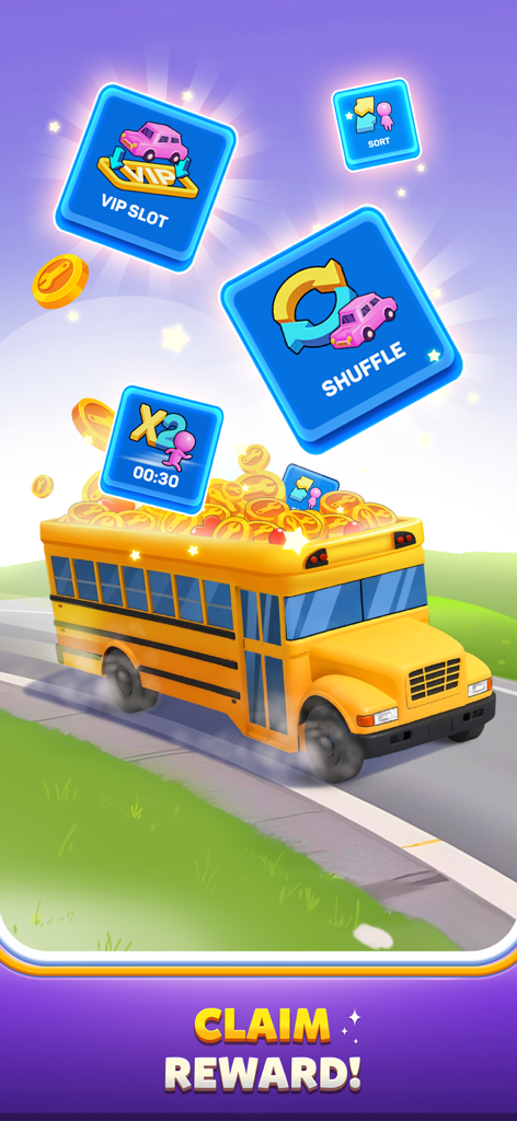 Bus Out - Un autobús escolar amarillo lleno de monedas de oro y potenciadores del juego para reclamar una recompensa