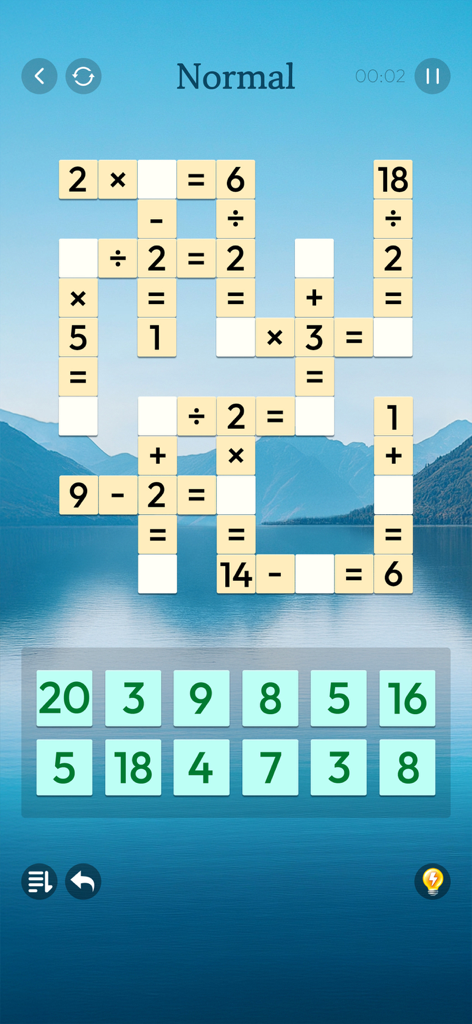 A zen style math crossword puzzle with large numbers on a calming mountain lake background