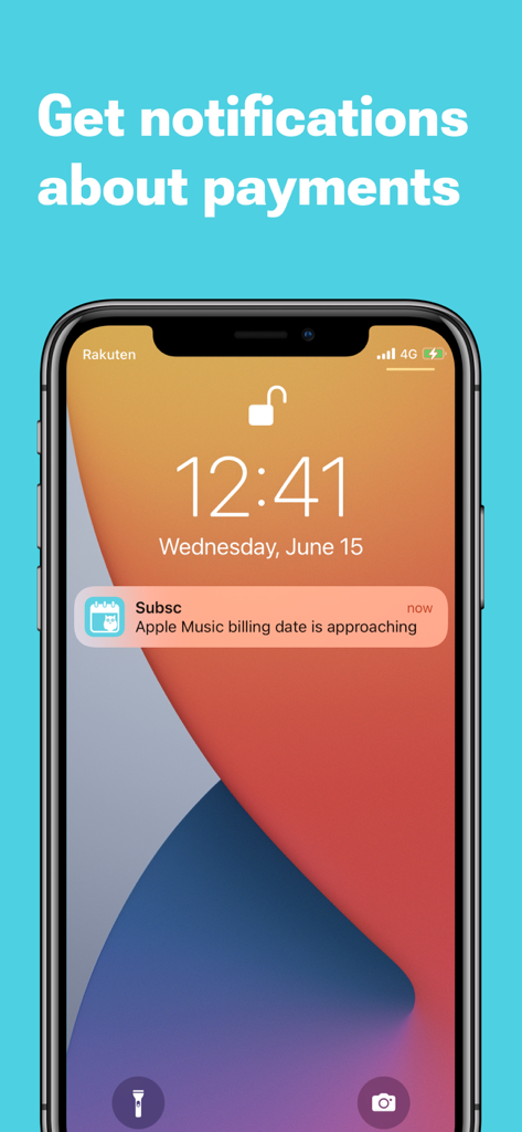 Subscription & Bill Manager - Pantalla de bloqueo del iPhone mostrando un recordatorio de notificación para un próximo pago de Apple Music.