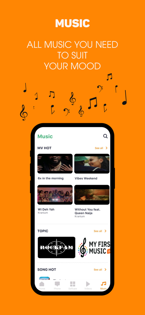 My Natcom – Your Digital Hub - The music streaming interface of the My Natcom app featuring Haitian artists and music videos.