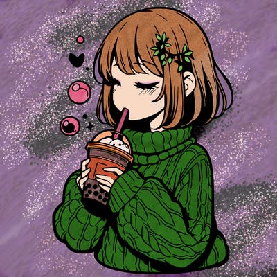 manga girl drinking boba in cozy sweater