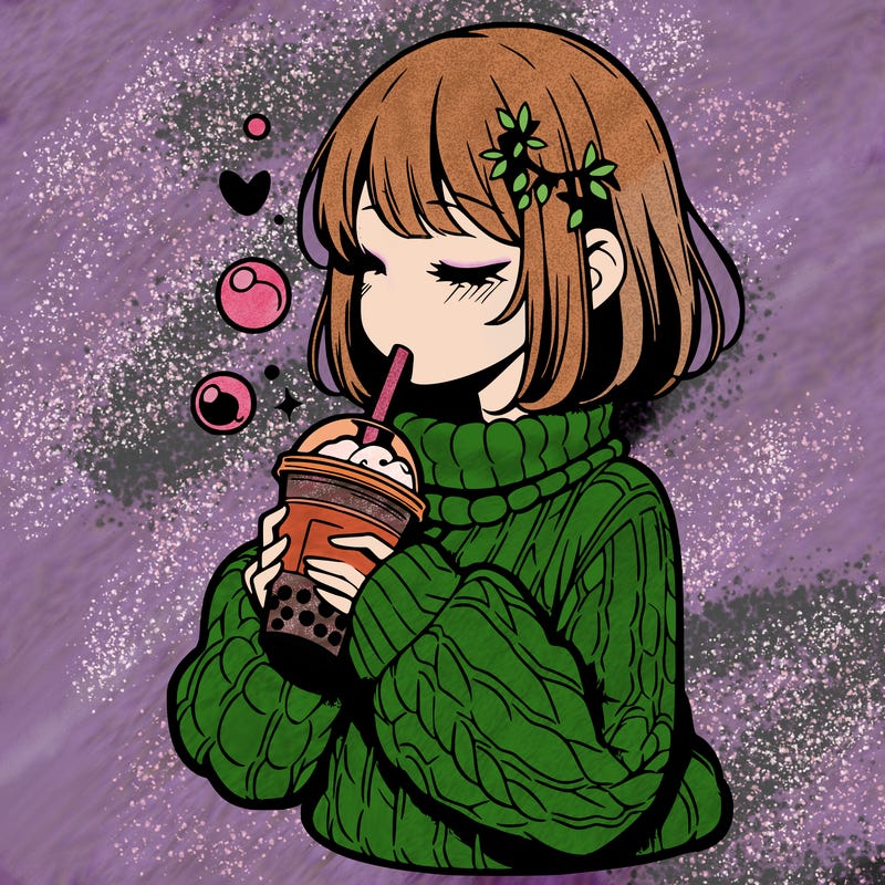 manga girl drinking boba in cozy sweater