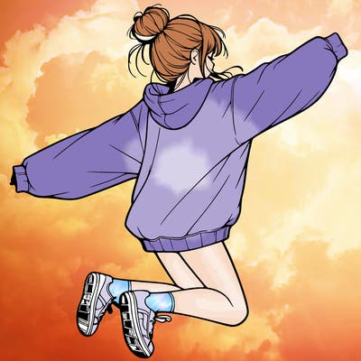 realistic girl jumping with a bun and oversized sweatshirt