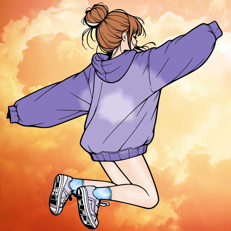 realistic girl jumping with a bun and oversized sweatshirt