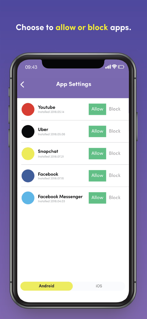 Interface showing options to allow or block apps like YouTube and Facebook in Net Nanny