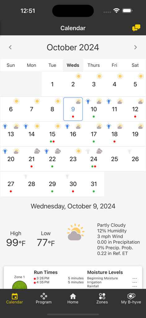 B-hyve - Interfaz de calendario de la aplicación B-hyve que muestra programas de riego y datos meteorológicos locales