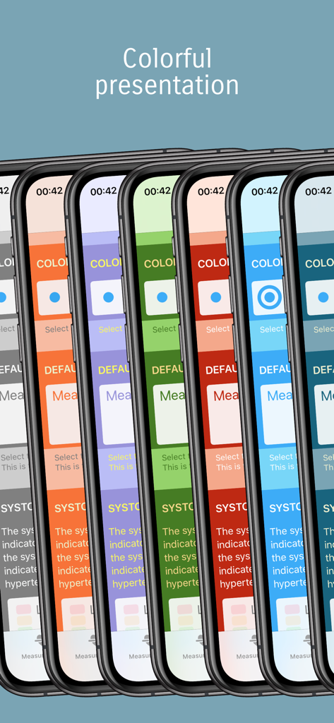 Tension Diary - Interfaz de la aplicación Diario de Tensión mostrando múltiples temas de presentación coloridos en varios iPhones