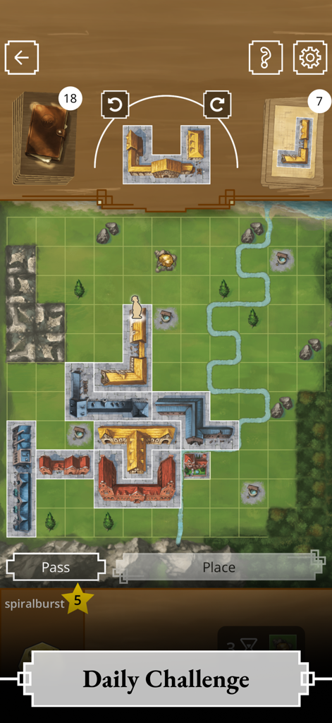 My City by Reiner Knizia - A gameplay screenshot of My City board game app showing a tile-laying puzzle in the Daily Challenge mode.