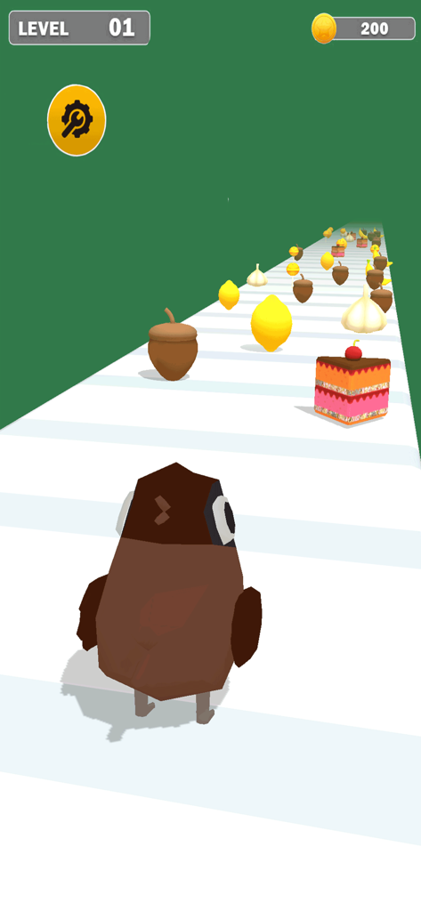 Animal Run Race Running Games - A brown bird character running on a white track collecting food items in a mobile game