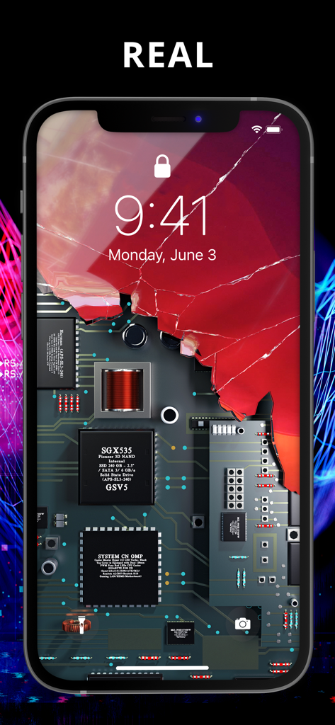 The Best 3D Live Wallpaper - Pantalla de bloqueo de smartphone con un fondo de pantalla animado 3D realista de circuitos internos.