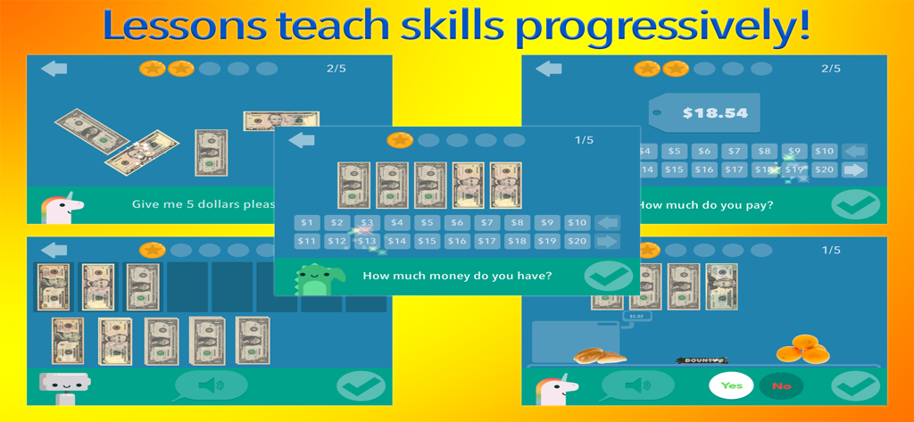 Money Up! - Build Life Skills - Collage of four app screens showing progressive educational lessons for teaching money management and the dollar up method.