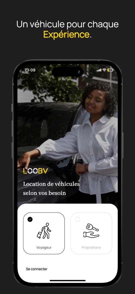여행자와 차주 프로필 선택 옵션을 보여주는 Loobv 앱 환영 화면