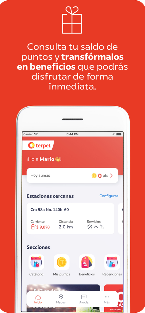Terpel - Interface of the Terpel app showing loyalty points balance and nearby gas station locations in Colombia.