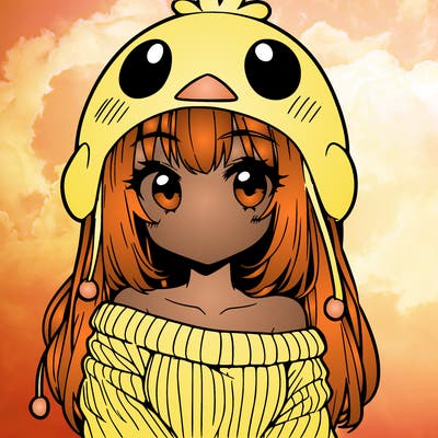 anime girl with chick shaped hat with sweater with bare shoulders with bangs covering them one eye with low tail