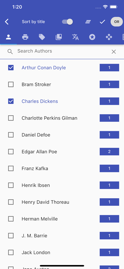 Calibre Sync - Calibre Sync mobile app screen displaying a searchable list of ebook authors with book counts and filter checkboxes
