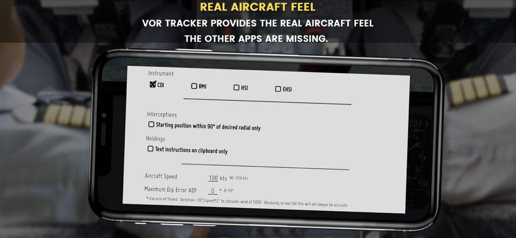 VOR Tracker - IFR Nav Trainer - VOR Tracker app settings screen showing instrument and flight parameter options