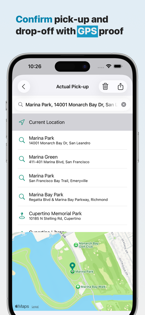 Alimentor 2 app interface showing GPS verification for a custody pick-up location with a map and search list
