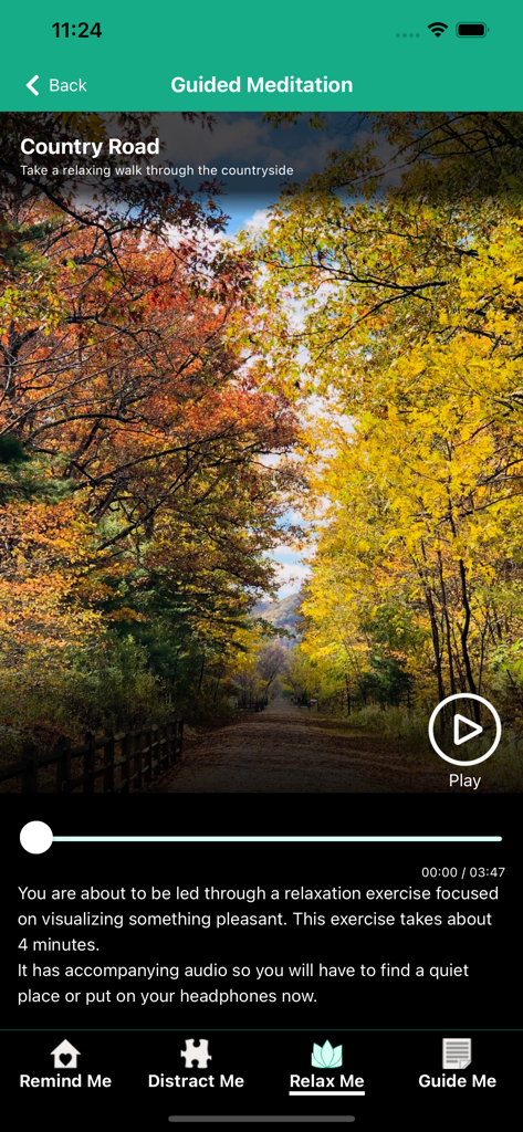 Virtual Hope Box (new) - Guided meditation interface in the Virtual Hope Box app featuring a visualization exercise with an autumn forest path.