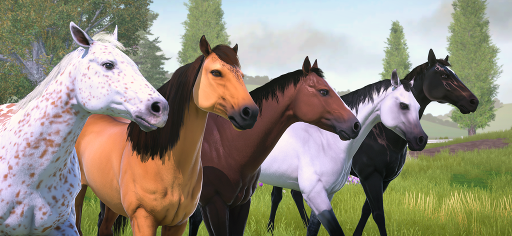 Um grupo de cavalos com vários padrões de pelagem e cores parados em um campo.