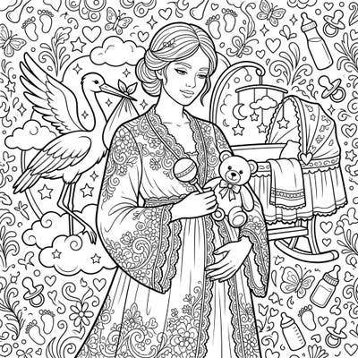 Anticipate a new arrival with this heartwarming baby shower coloring page, beautifully showcasing a pregnant woman in an elegant lace robe. Immerse yourself in a world of delicate patterns and sweet nursery items, perfect for celebrating new beginnings.