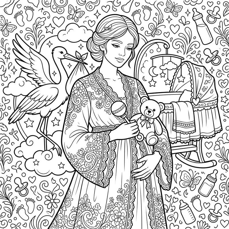 Anticipate a new arrival with this heartwarming baby shower coloring page, beautifully showcasing a pregnant woman in an elegant lace robe. Immerse yourself in a world of delicate patterns and sweet nursery items, perfect for celebrating new beginnings.