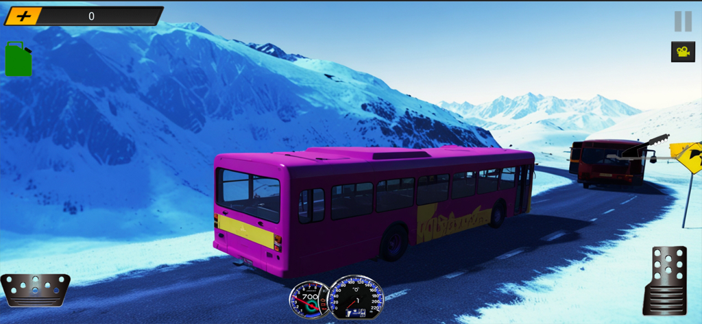 Pink bus driving on a snowy mountain road in Offroad Bus Drive simulator.
