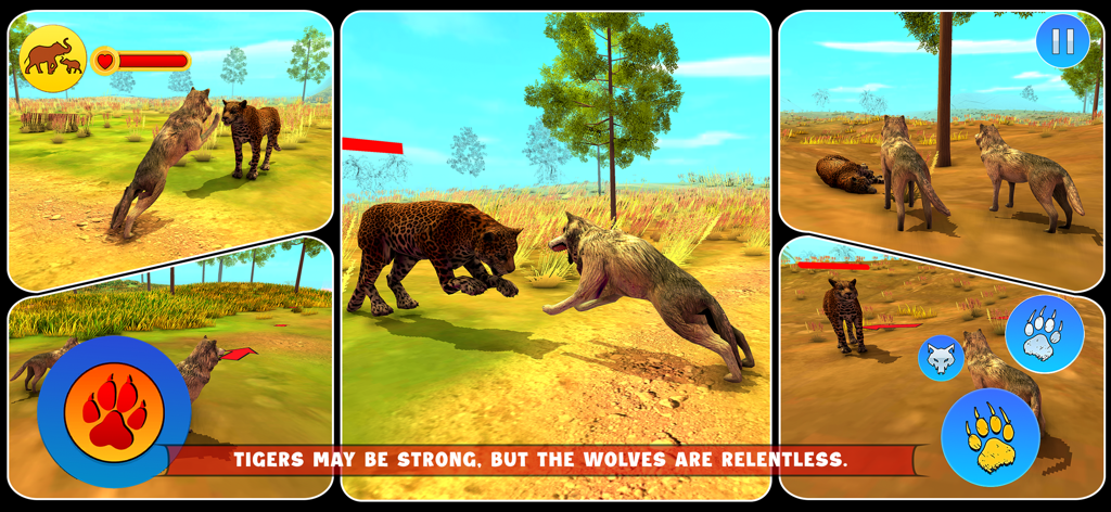 Wolf Simulator: Wild Craft RPG - Wolf Simulator Wild Craft RPGモバイルゲームで、ヒョウに飛びかかるオオカミ。