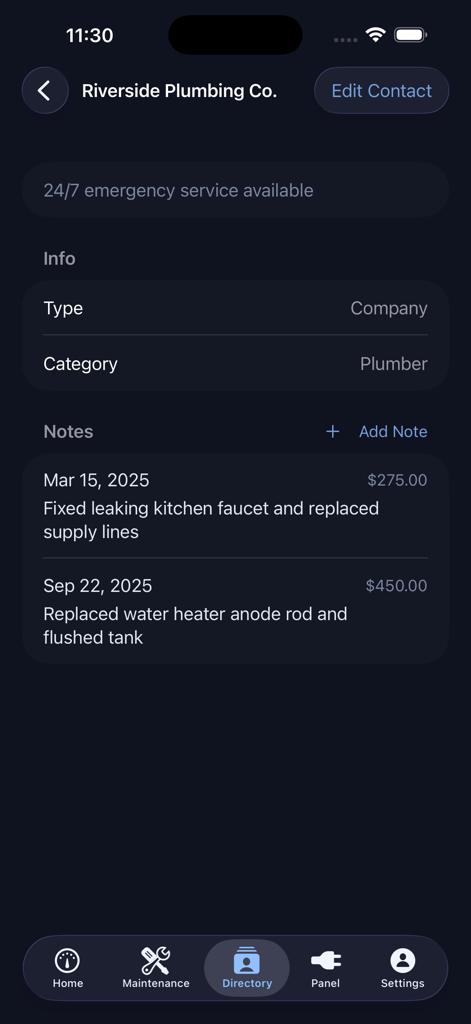FixFolio app screen displaying contractor contact info and a history of plumbing repairs and costs.