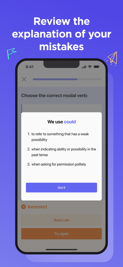 Pantalla dentro de la aplicación que muestra una explicación del verbo modal could después de un error