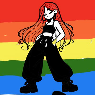 girl in baggy pants crop top and long hair