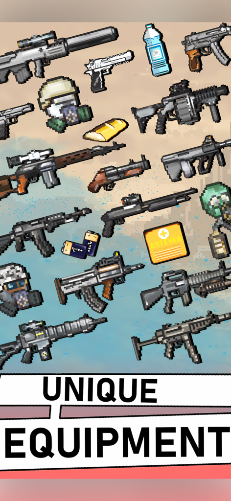Pocket ZONE - A collection of pixel art weapons and survival items from Pocket ZONE with the text UNIQUE EQUIPMENT