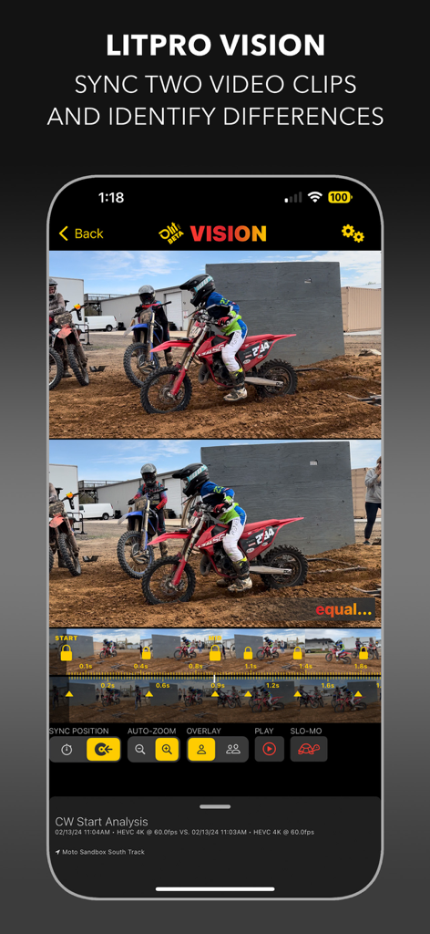 LITPro - GPS Lap Timer - Side by side video comparison of two motocross race starts in the LITPro Vision app interface.