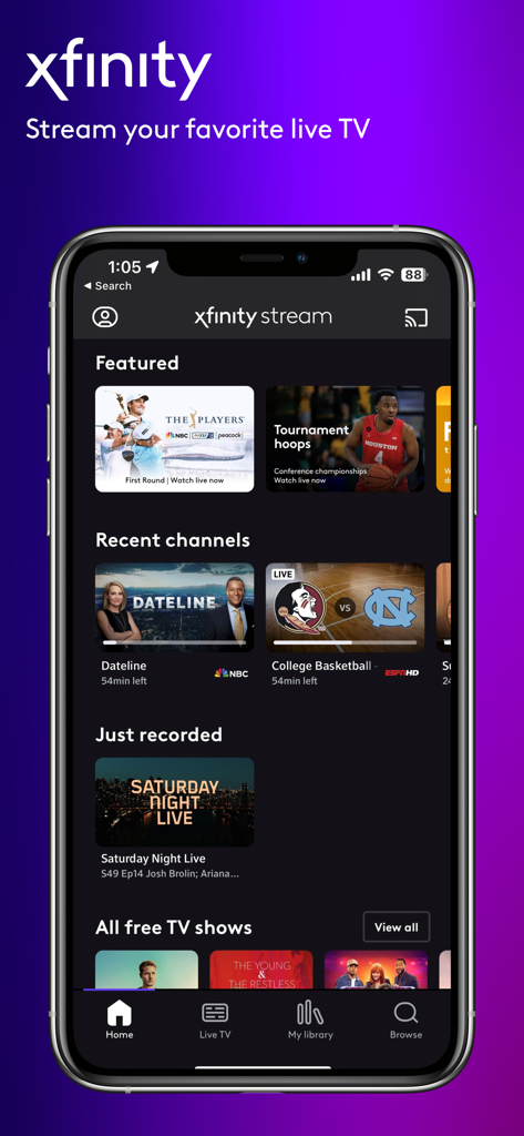 Xfinity Stream - La pantalla de inicio de la aplicación móvil Xfinity Stream que muestra deportes destacados, canales recientes y programas de TV grabados.
