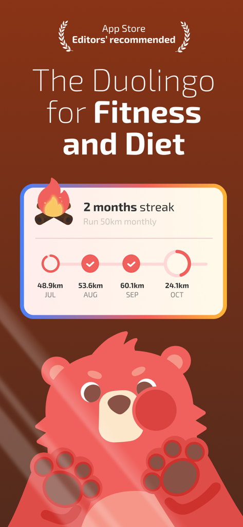 Fito: Fitness Streak, Calorie - Captura de pantalla de la aplicación Fito que muestra una tarjeta de racha de fitness de dos meses y una linda mascota oso roja