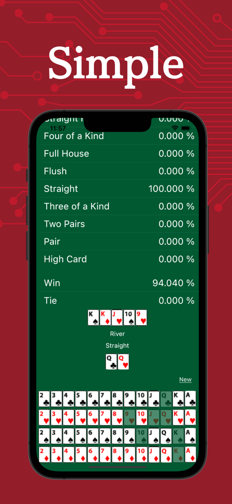 Texas Holdem poker odds calculator interface showing hand probabilities