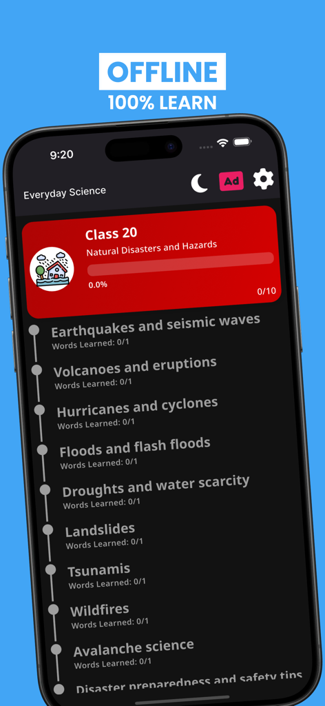 Learn Everyday Science! - Captura de pantalla de iPhone de la aplicación Learn Everyday Science que muestra una lista de temas bajo la Clase 20 Desastres y Peligros Naturales, incluyendo terremotos, volcanes y huracanes.