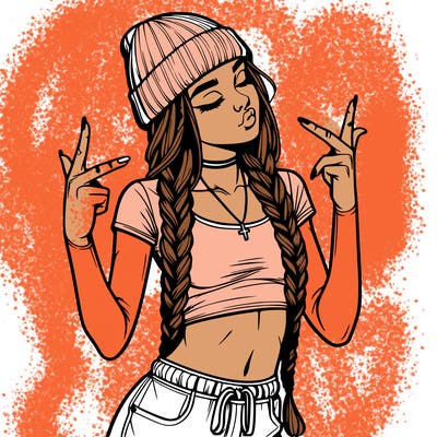 realistic teenage girl with braids and a beanie and crop top doing 🫶🏼