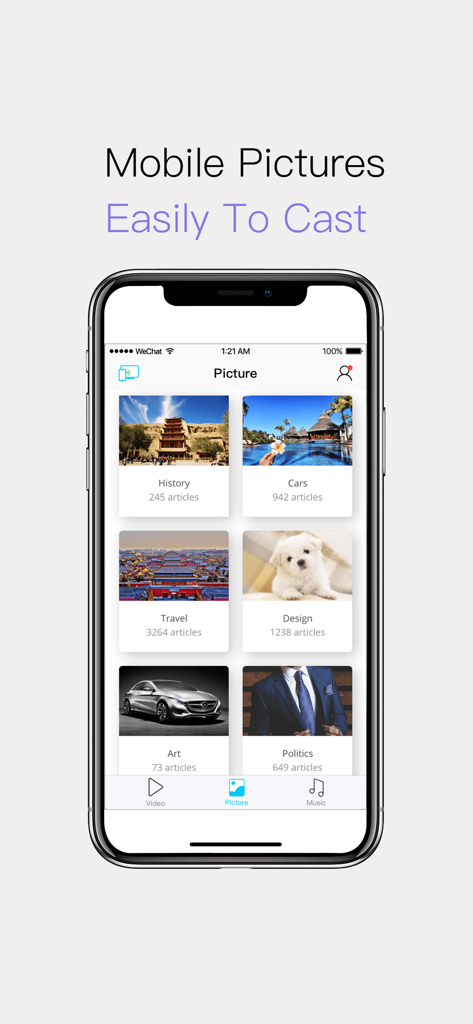 FastCast. - iPhone screen displaying the FastCast app picture gallery interface for easy media casting