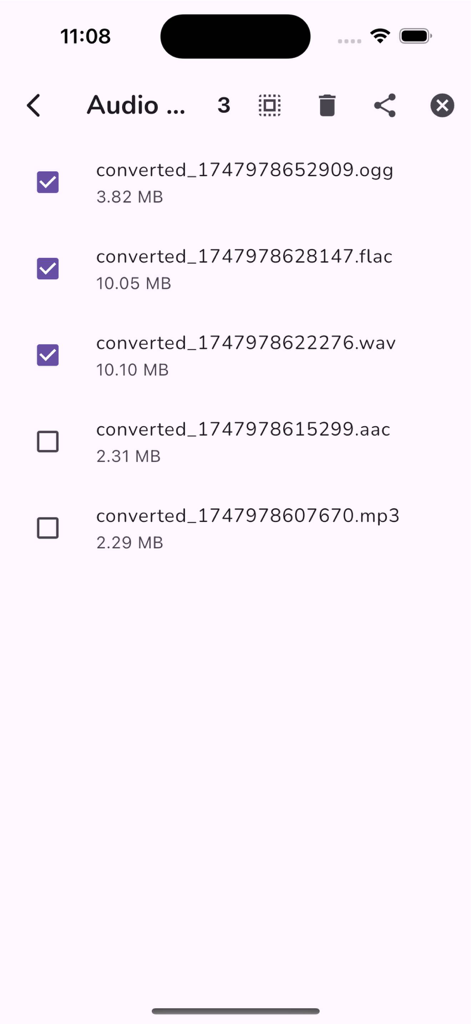 Una lista de archivos de audio convertidos en diferentes formatos como MP3 WAV y FLAC dentro de la aplicación