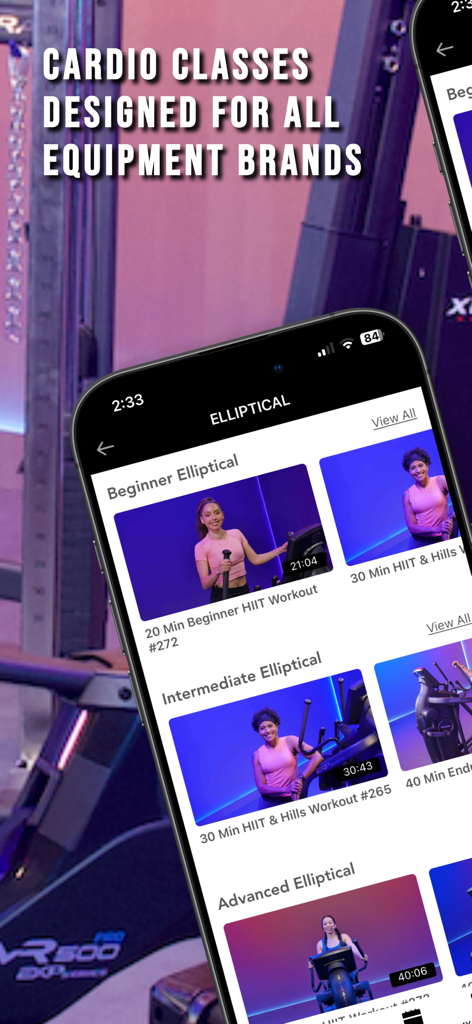 Smartphone displaying Fitscope app elliptical workout classes categorized by skill level for use with any equipment brand