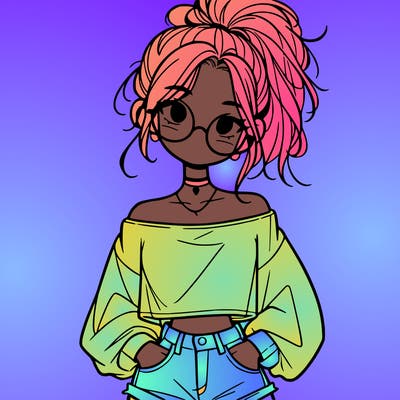 girl with a messy ponytail glasses a baggy crop top and jean shorts