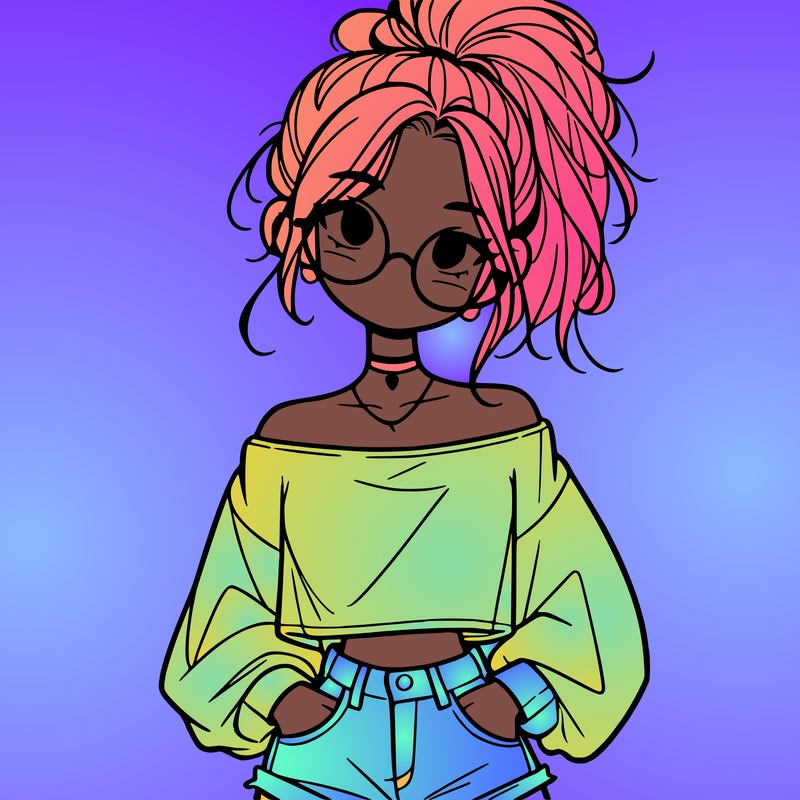 girl with a messy ponytail glasses a baggy crop top and jean shorts