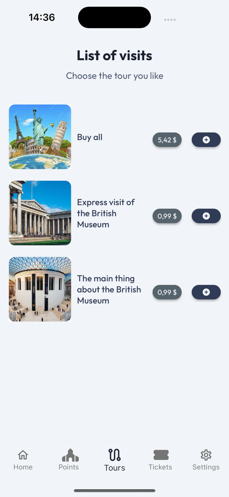 Ein Bildschirm, der eine Liste von Führungen für das British Museum zeigt, einschließlich Express-Besuch und Hauptsehenswürdigkeiten mit Preisen